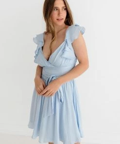 ONE & ONLY COLLECTIVE Call Me Angel Satin Ruffle Dress - Blue