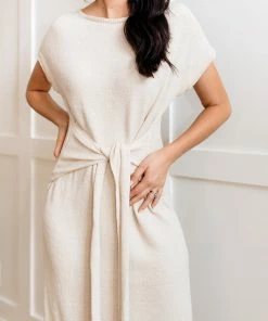 BT DRESSES Teresa Knit Sweater Waist Tie Slit Side Midi Dress