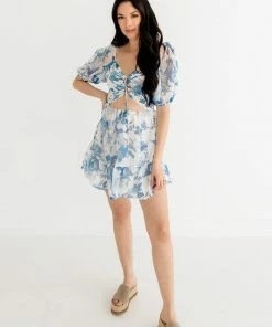ONE & ONLY COLLECTIVE Sky Meets Sea Lace Up Floral Mini Dress DRESSES