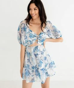 ONE & ONLY COLLECTIVE Sky Meets Sea Lace Up Floral Mini Dress DRESSES