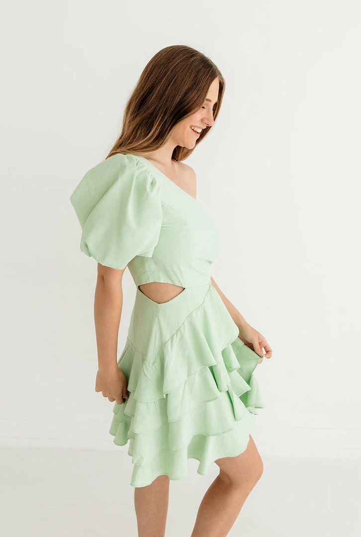 DO + BE COLLECTION Kaine One Shoulder Ruffle Cutout Mini Dress - Mint DRESSES 6 DO + BE COLLECTION Kaine One Shoulder Ruffle Cutout Mini Dress - Mint DRESSES