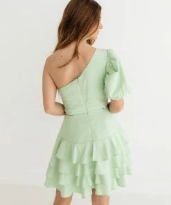 DO + BE COLLECTION Kaine One Shoulder Ruffle Cutout Mini Dress - Mint DRESSES