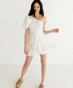 DO + BE COLLECTION Kaine One Shoulder Ruffle Cutout Mini Dress - White BRIDAL