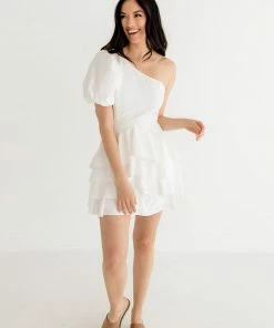 DO + BE COLLECTION Kaine One Shoulder Ruffle Cutout Mini Dress - White BRIDAL
