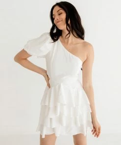 DO + BE COLLECTION Kaine One Shoulder Ruffle Cutout Mini Dress - White BRIDAL