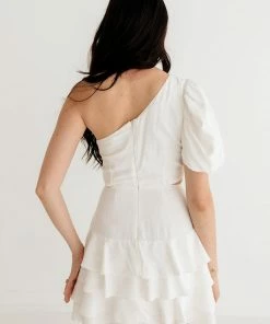 DO + BE COLLECTION Kaine One Shoulder Ruffle Cutout Mini Dress - White BRIDAL