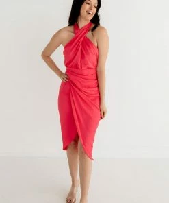DO + BE COLLECTION Mellie Satin Halter Wrap Midi Dress- Coral