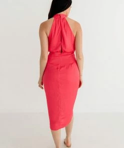 DO + BE COLLECTION Mellie Satin Halter Wrap Midi Dress- Coral