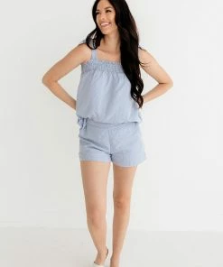 HEY SON Milani Gingham Smocked Tank Top - Sky