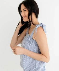 HEY SON Milani Gingham Smocked Tank Top - Sky