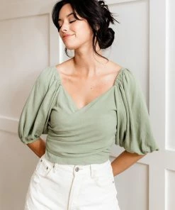 HEY SON TOPS Tanya Reversible Linen Tie Crop Top- Green Tea