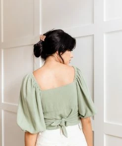 HEY SON TOPS Tanya Reversible Linen Tie Crop Top- Green Tea 16 HEY SON TOPS Tanya Reversible Linen Tie Crop Top- Green Tea