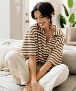 BT BEST SELLERS League Striped Collared Knit Top- Mocha