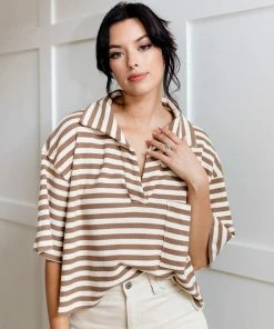 BT BEST SELLERS League Striped Collared Knit Top- Mocha