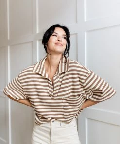 BT BEST SELLERS League Striped Collared Knit Top- Mocha