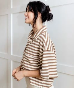 BT BEST SELLERS League Striped Collared Knit Top- Mocha