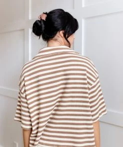 BT BEST SELLERS League Striped Collared Knit Top- Mocha