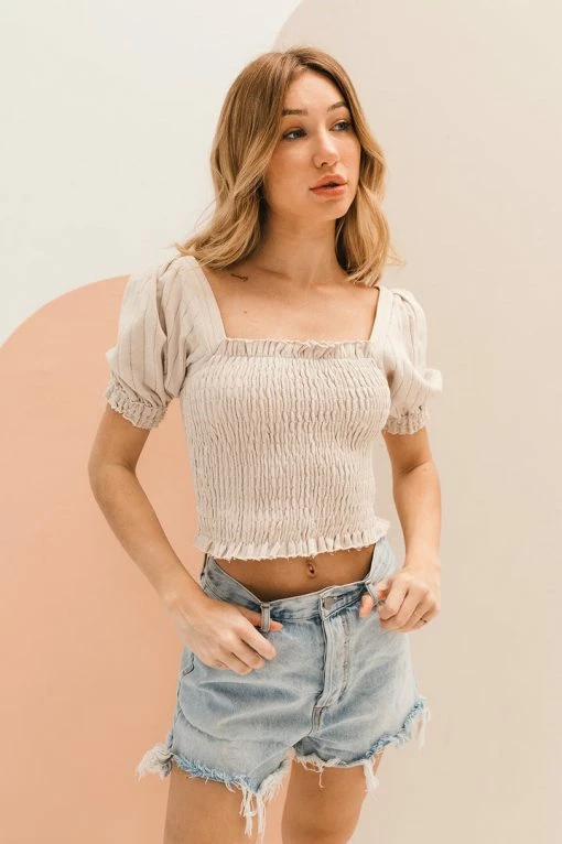 BT Shaun Cotton Smocked Crop Top - Clay TOPS