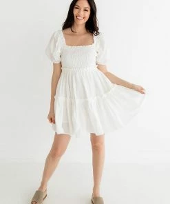MABLE Blair Cotton Puff Sleeve Smocked Babydoll Dress