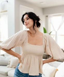 BT BEST SELLERS Nolana Floral Embroidery Balloon Sleeve Smocked Top