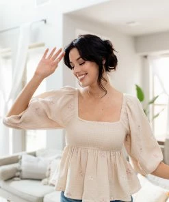 BT BEST SELLERS Nolana Floral Embroidery Balloon Sleeve Smocked Top