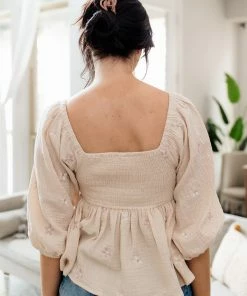 BT BEST SELLERS Nolana Floral Embroidery Balloon Sleeve Smocked Top