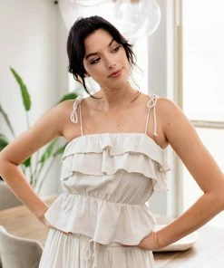 BT BEST SELLERS Maven Linen Ruffle Cami Tank Top