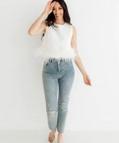 LA ROS Sutton Feather Blouse Top - White BRIDAL