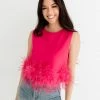 LA ROS Sutton Feather Blouse Top - Hot Pink BRIDAL