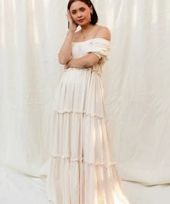 FORE COLLECTION BUMP FRIENDLY Field Of Love Ruffle Tiered Maxi Dress- Cream