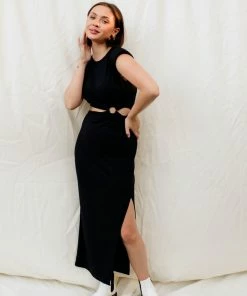 FORE COLLECTION Rita Padded Shoulder Cutout O-Ring Midi Dress