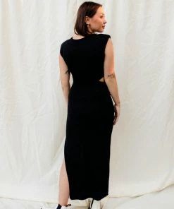 FORE COLLECTION Rita Padded Shoulder Cutout O-Ring Midi Dress