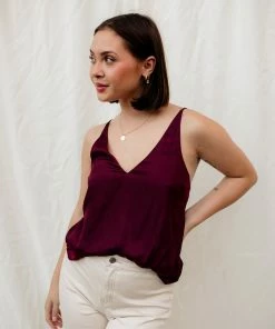 WL TOPS Florence Satin Cami Tank - Burgundy