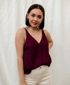 WL TOPS Florence Satin Cami Tank - Burgundy