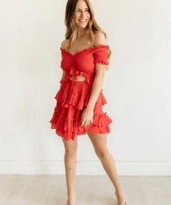 MABLE Athina Off The Shoulder Smocked Ruffle Dress