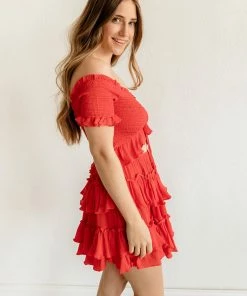 MABLE Athina Off The Shoulder Smocked Ruffle Dress