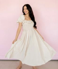 MABLE On Cloud Nine Smocked Ruffle Midi Dress