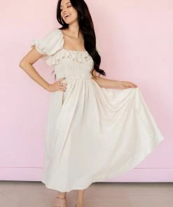 MABLE On Cloud Nine Smocked Ruffle Midi Dress