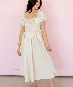 MABLE On Cloud Nine Smocked Ruffle Midi Dress