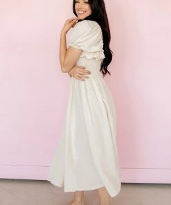 MABLE On Cloud Nine Smocked Ruffle Midi Dress
