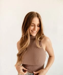 BT Molly Seamless Ribbed Mock Neck Top - Mocha TOPS