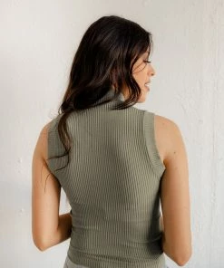 DYNAMIC Holly Seamless Ribbed Mock Neck Top - Oil Green