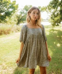 BT Jerri Leopard Puff Sleeve Babydoll Dress