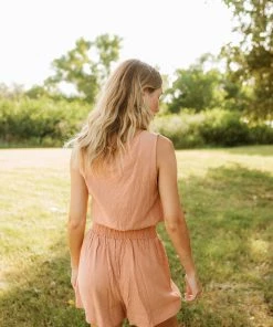 BT MATCHING SETS Camden Billowy Linen Crop Top- Salmon