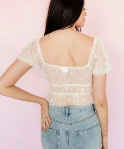 LE LIS BEST SELLERS Breezy Floral Embroidery Mesh Crop Top