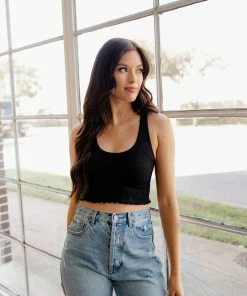 BT Bailey Ribbed Ruffle Racerback Crop Top - Black TOPS