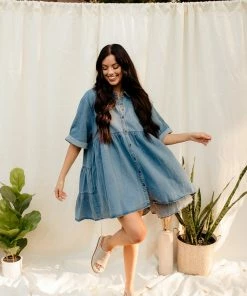 BT Beverly Tiered Button Down Chambray Dress BUMP FRIENDLY