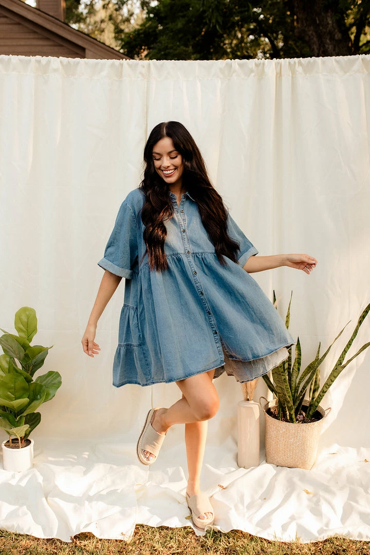 BT Beverly Tiered Button Down Chambray Dress BUMP FRIENDLY 3 BT Beverly Tiered Button Down Chambray Dress BUMP FRIENDLY