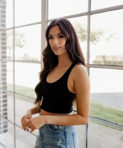 BT Bailey Ribbed Ruffle Racerback Crop Top - Black TOPS