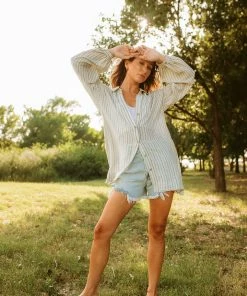 BT Riptide Cotton Striped Button Down Top